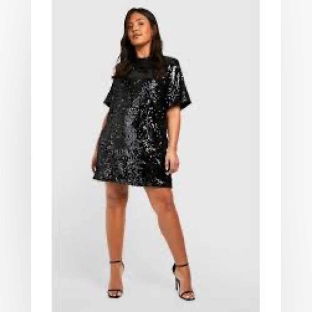 Nwt 🌻🏷️ BOOHOO Women's Black Plus Iridescent Sequin Shift Dress